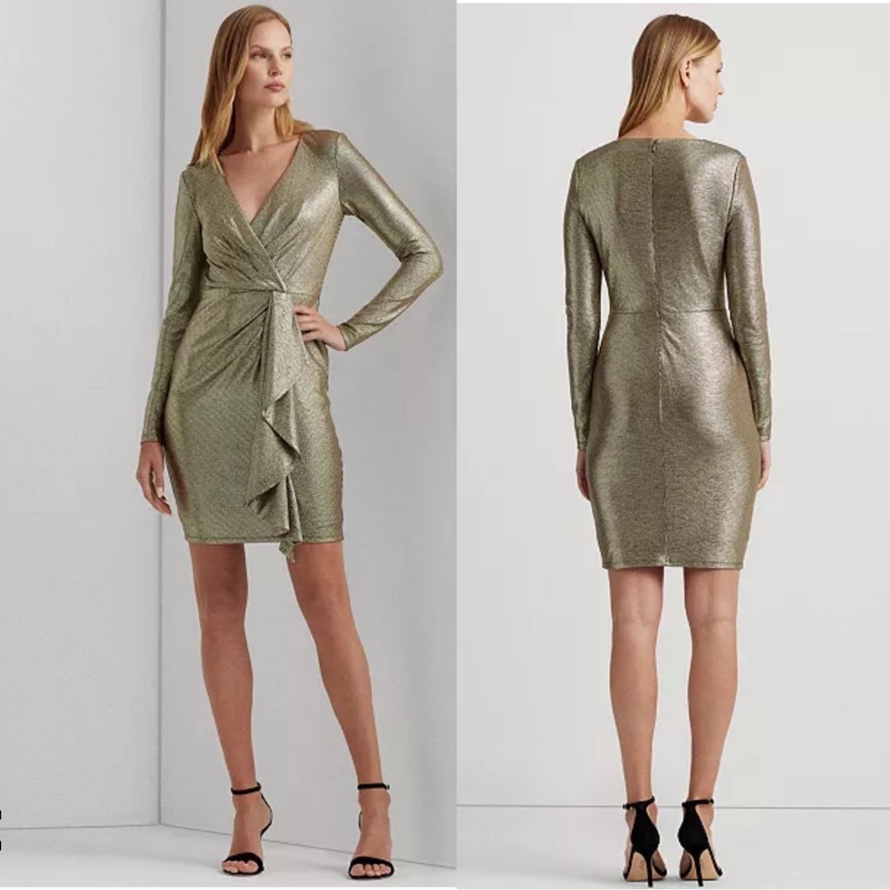 NWT Ralph Lauren Gold Bronze Long Sleeve Cocktail Dress Size 8